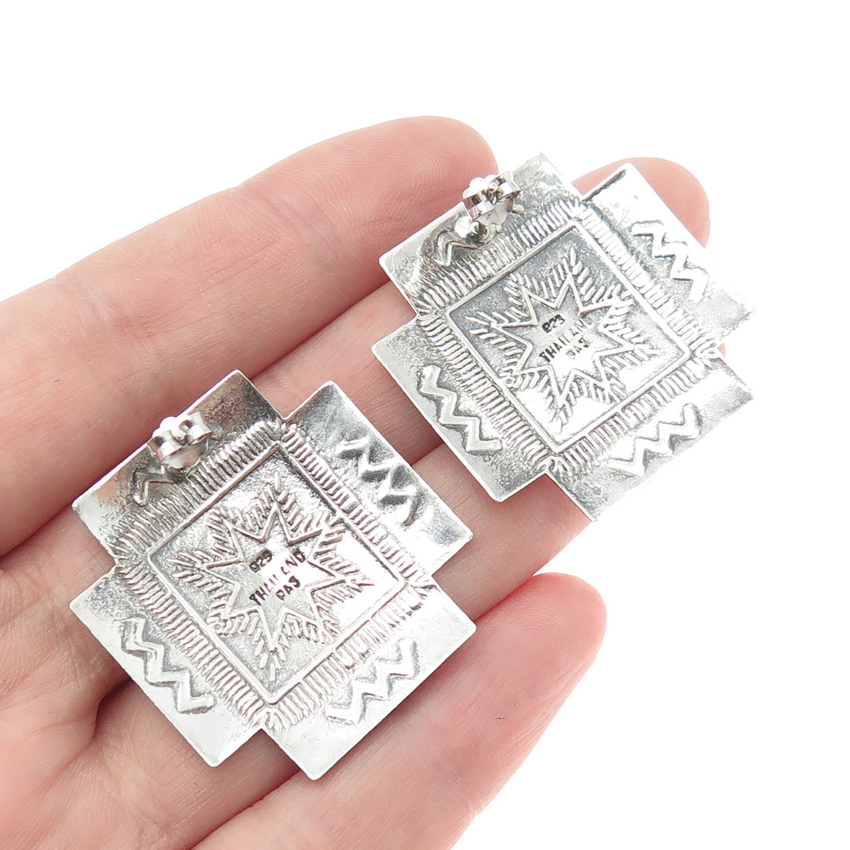 925 Sterling Silver Vintage Tribal Cross Engraved Earrings