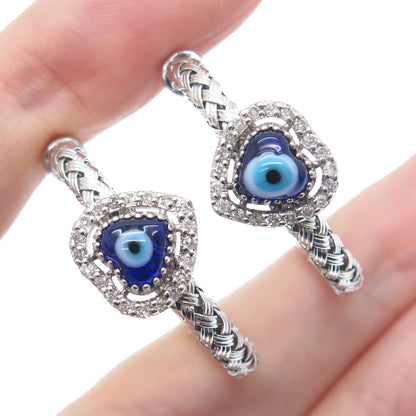 925 Sterling Silver Real Diamond & Murano Glass Evil's Eye Woven Hoop Earrings