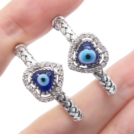 925 Sterling Silver Real Diamond & Murano Glass Evil's Eye Woven Hoop Earrings