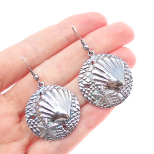 925 Sterling Silver Vintage Seashell & Starfish Oxidized Dangle Earrings