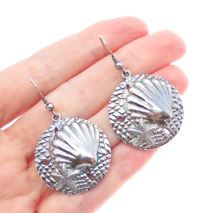925 Sterling Silver Vintage Seashell & Starfish Oxidized Dangle Earrings