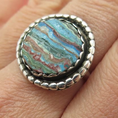 SUNCHILD 925 Sterling Silver Vintage Rainbow Calsilica Modernist Ring Size 7.25