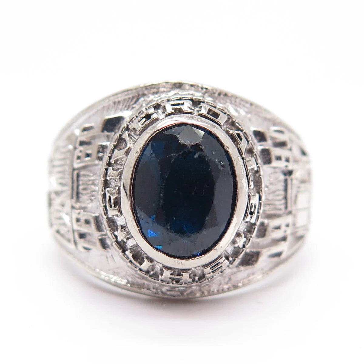 925 Sterling Silver Vintage Reed & Co Blue Glass School Ring Size 8.5