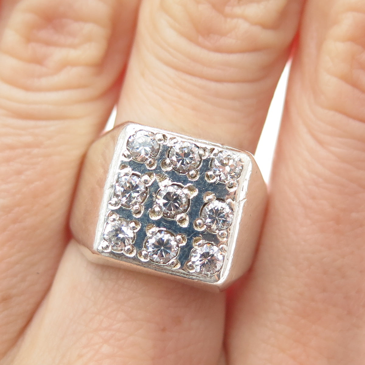 925 Sterling Silver Vintage Round-Cut C Z Signet Ring Size 9