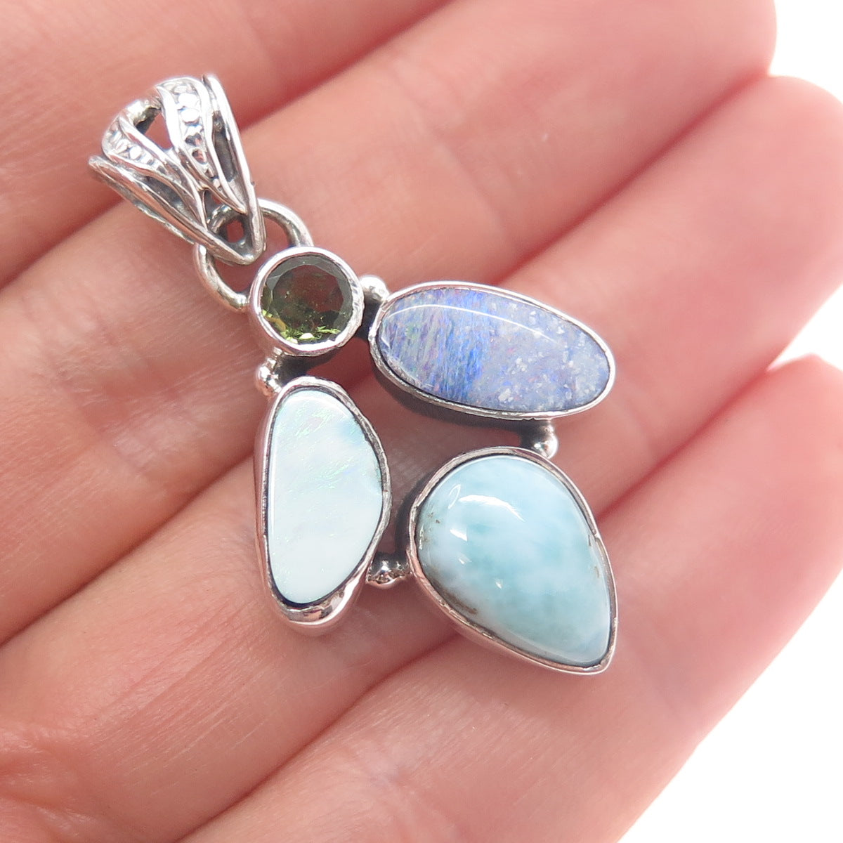 925 Sterling Silver Vintage Real Larimar Opal & Peridot Modernist Charm Pendant