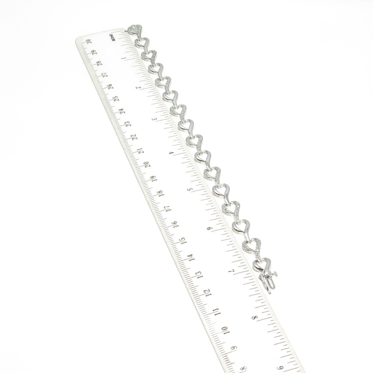 SUN 925 Sterling Silver Real Round-Cut Diamond Heart Link Bracelet 7.25"