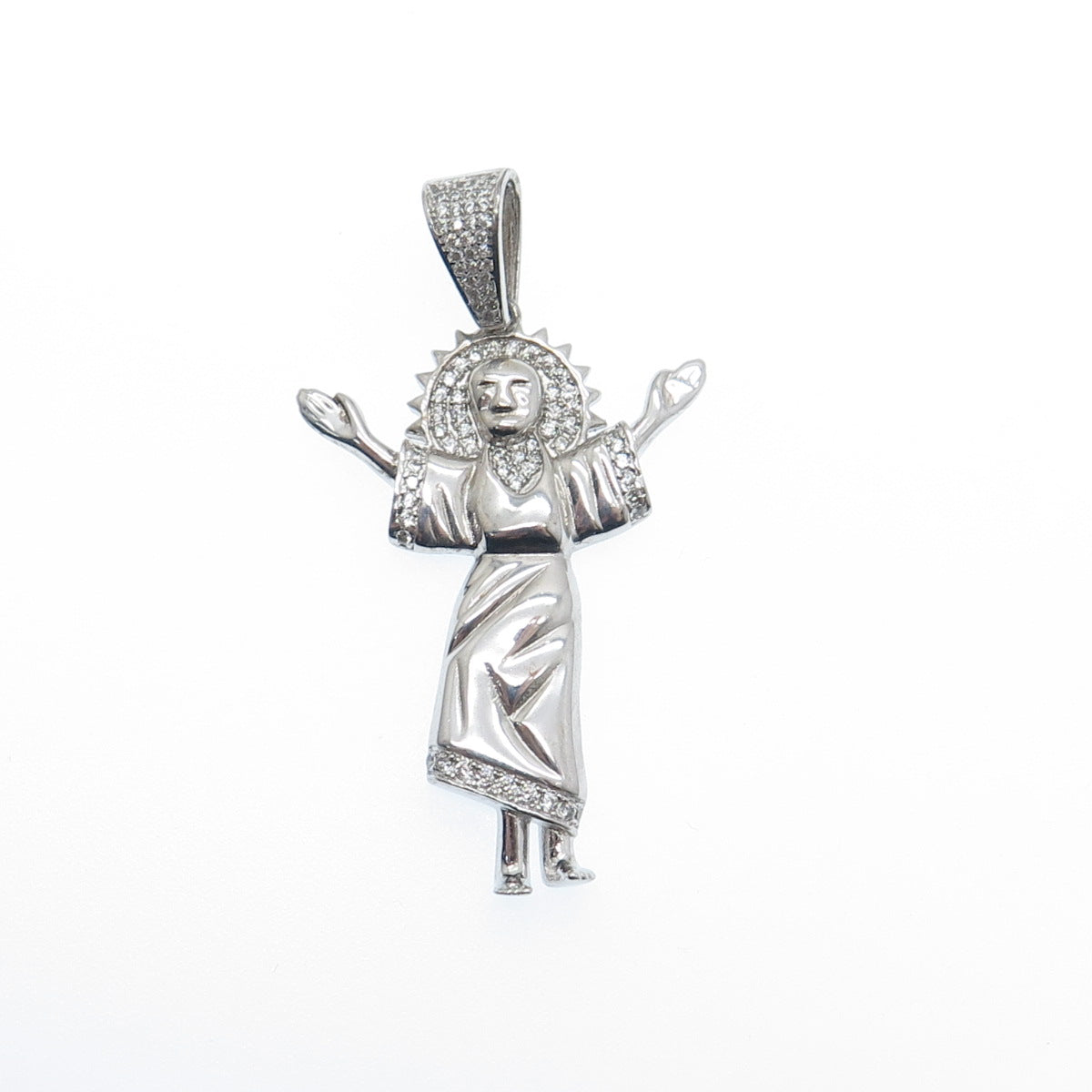 925 Sterling Silver Round-Cut C Z Jesus Charm Pendant