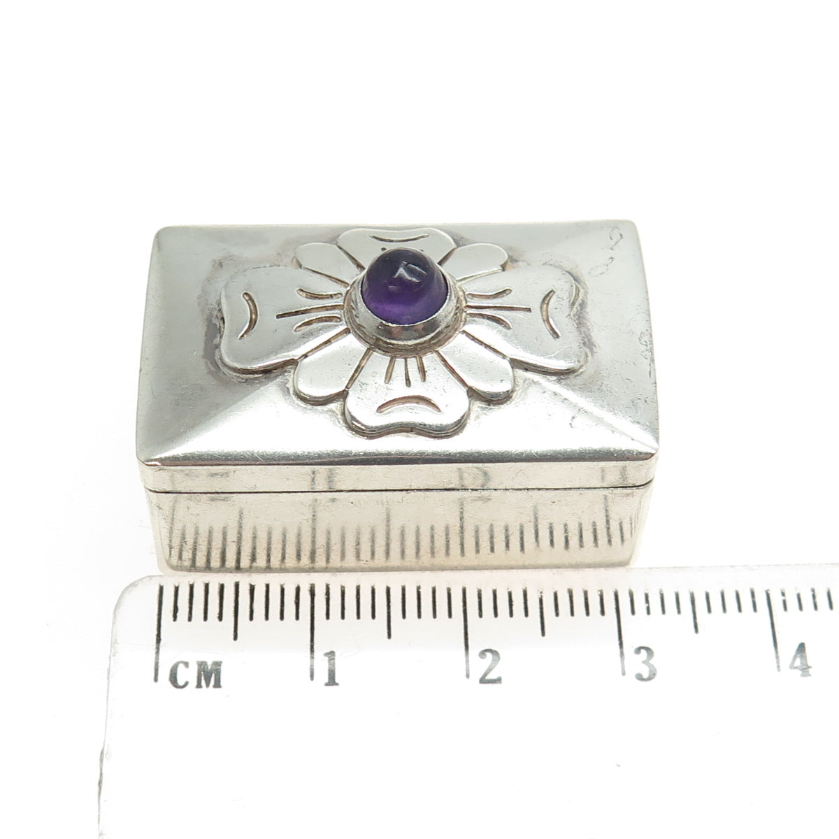 DAMASO GALLEGOS Sterling Silver Vintage Mexico Amethyst Flower Pill Snuff Box