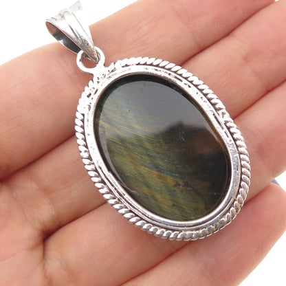 925 Sterling Silver Vintage Real Cabochon Tiger Eye Charm Pendant