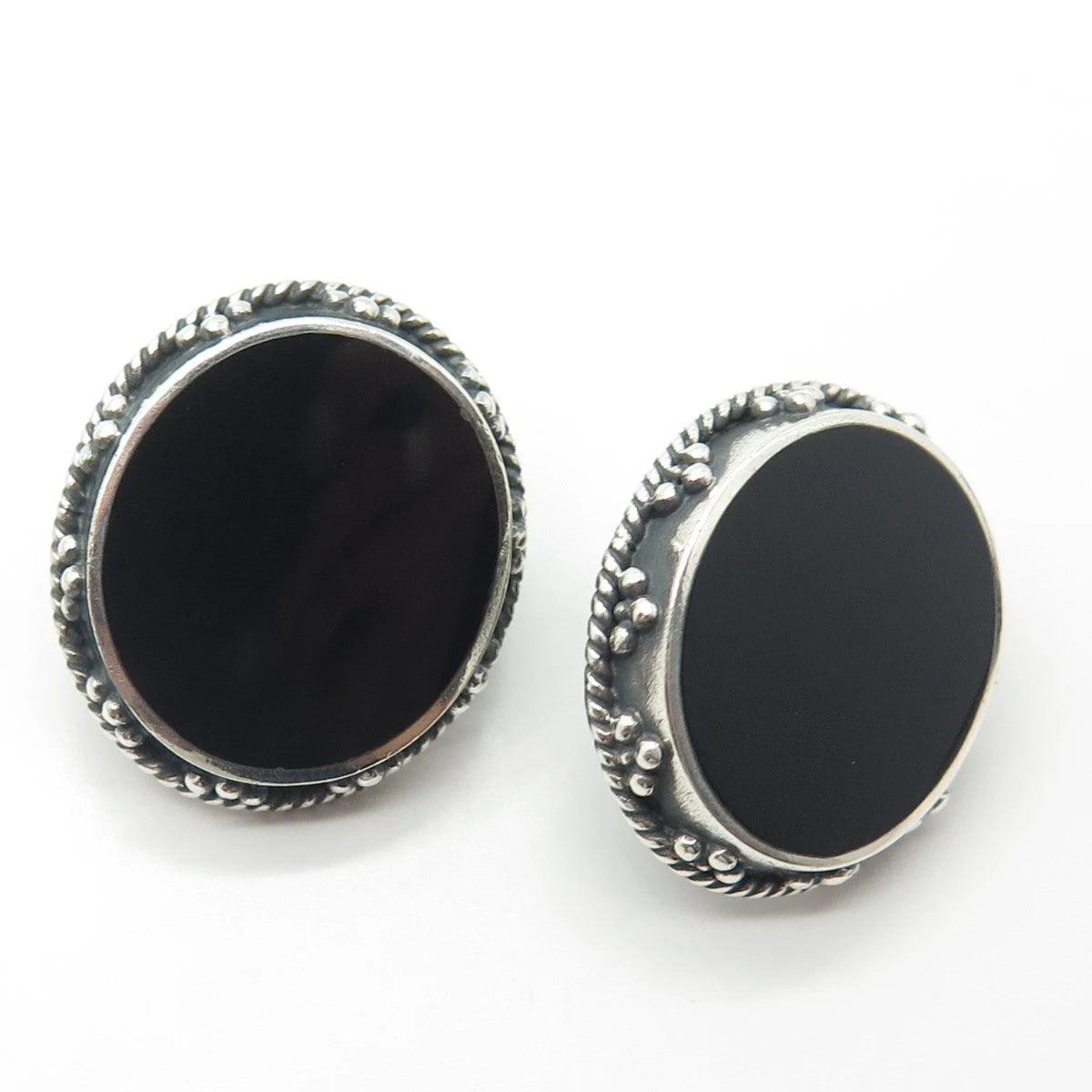 925 Sterling Silver Vintage WOODS Real Black Onyx Gemstone Earrings
