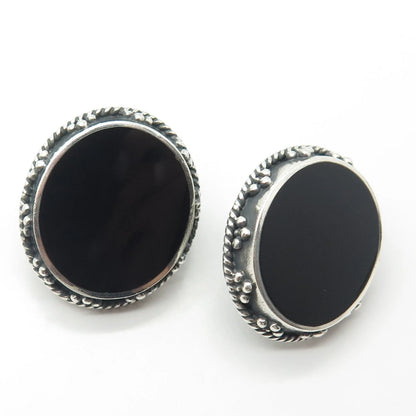 925 Sterling Silver Vintage WOODS Real Black Onyx Gemstone Earrings