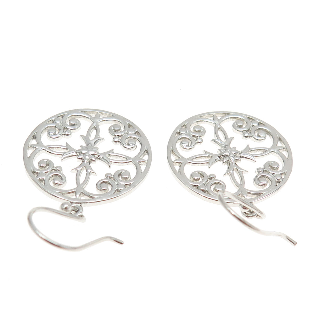 925 Sterling Silver Fleur de Lis & Cross Round Dangling Earrings