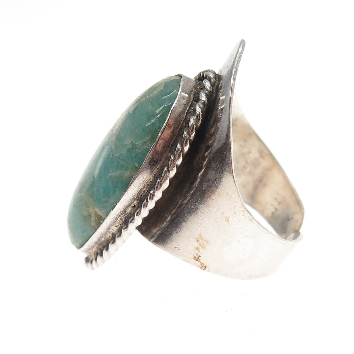 925 Sterling Silver Vintage Mexico Real Amazonite Adjustable Ring Size 8.75