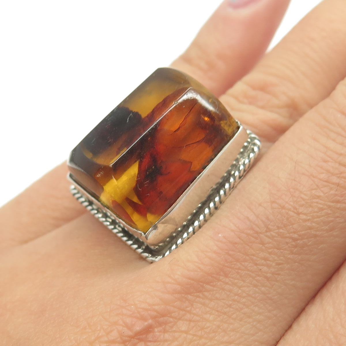 925 Sterling Silver Vintage Real Amber Modernist Statement Ring Size 6.75