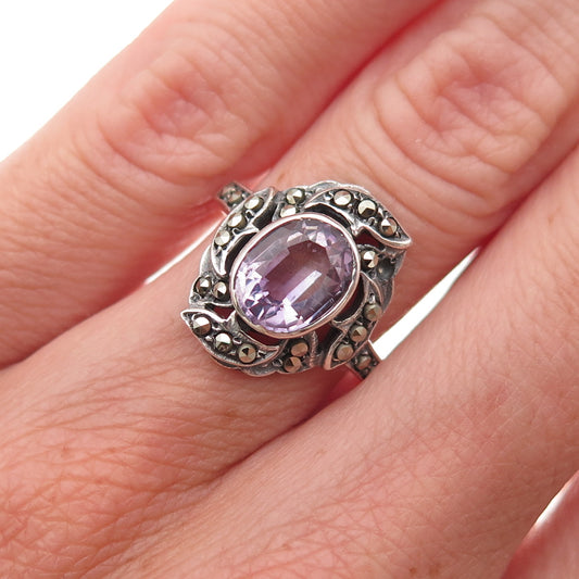 925 Sterling Silver Vintage Amethyst Marcasite Ring Size 5.75 (missing 1 stone)