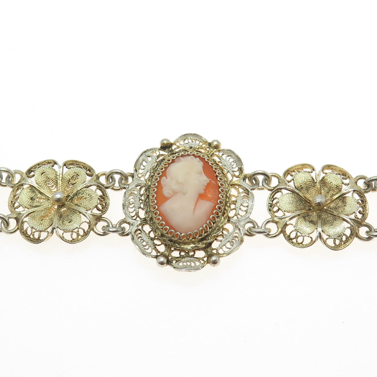 800 Silver 2-Tone Antique Cameo Victorian Lady Filigree Floral Bracelet 7.25"