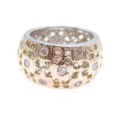 925 Sterling Silver 2-Tone Vintage Round-Cut C Z Flower Band Ring Size 7