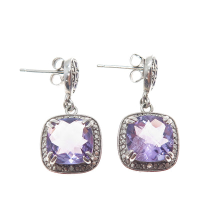 925 Sterling Silver Real Diamond Accent & Amethyst Dangle Earrings