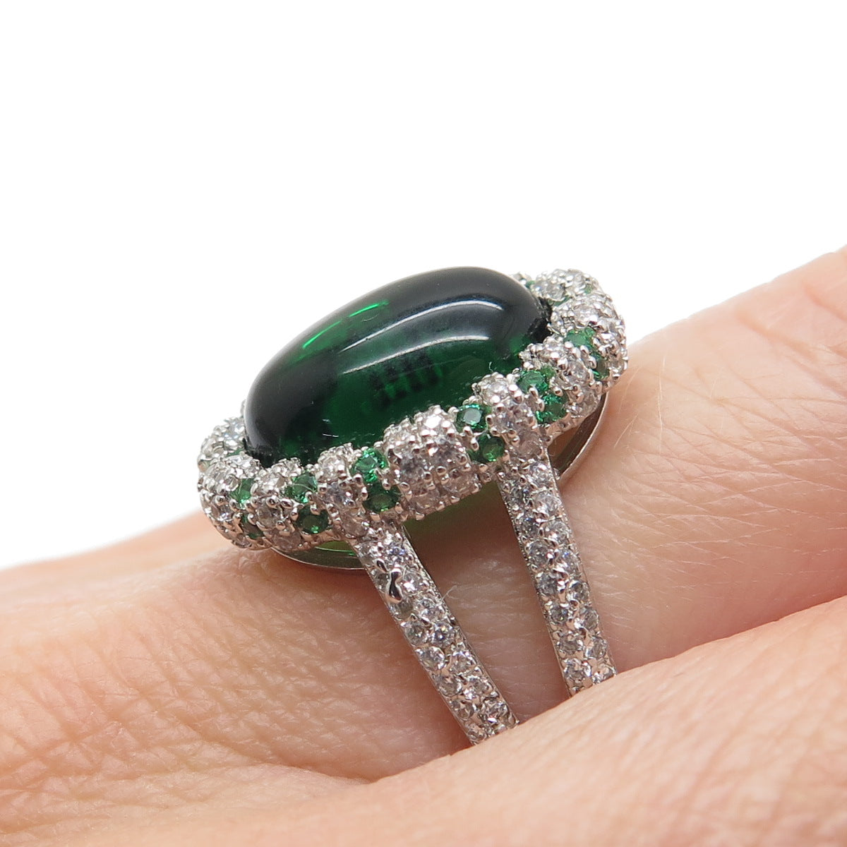 DSMK 925 Sterling Silver Cabochon Nano Emerald & C Z Ring Size 7.25