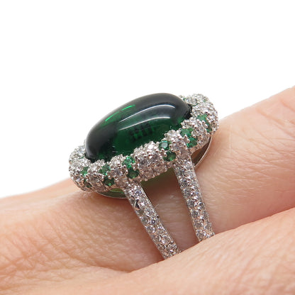 DSMK 925 Sterling Silver Cabochon Nano Emerald & C Z Ring Size 7.25