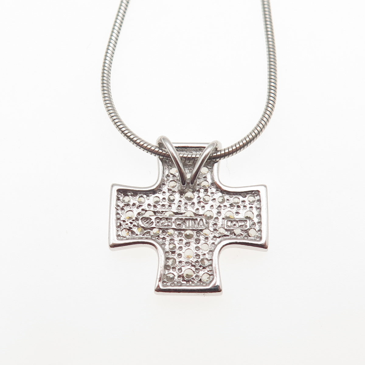 925 Sterling Silver Italy Round-Cut C Z Cross Snake Chain Necklace 18"