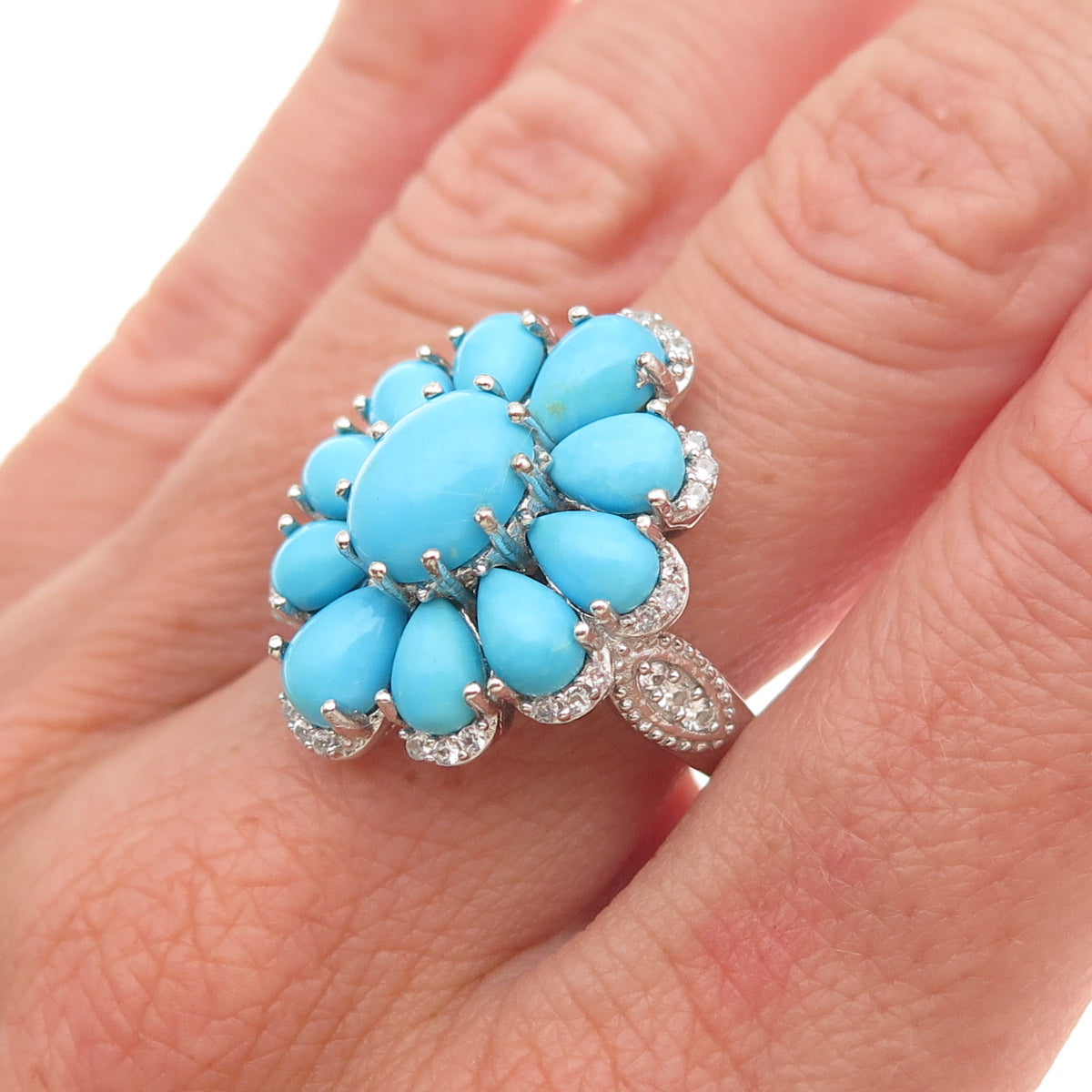 Chuck Clemency 925 Sterling Silver Real Turquoise & White Topaz Ring Size 8