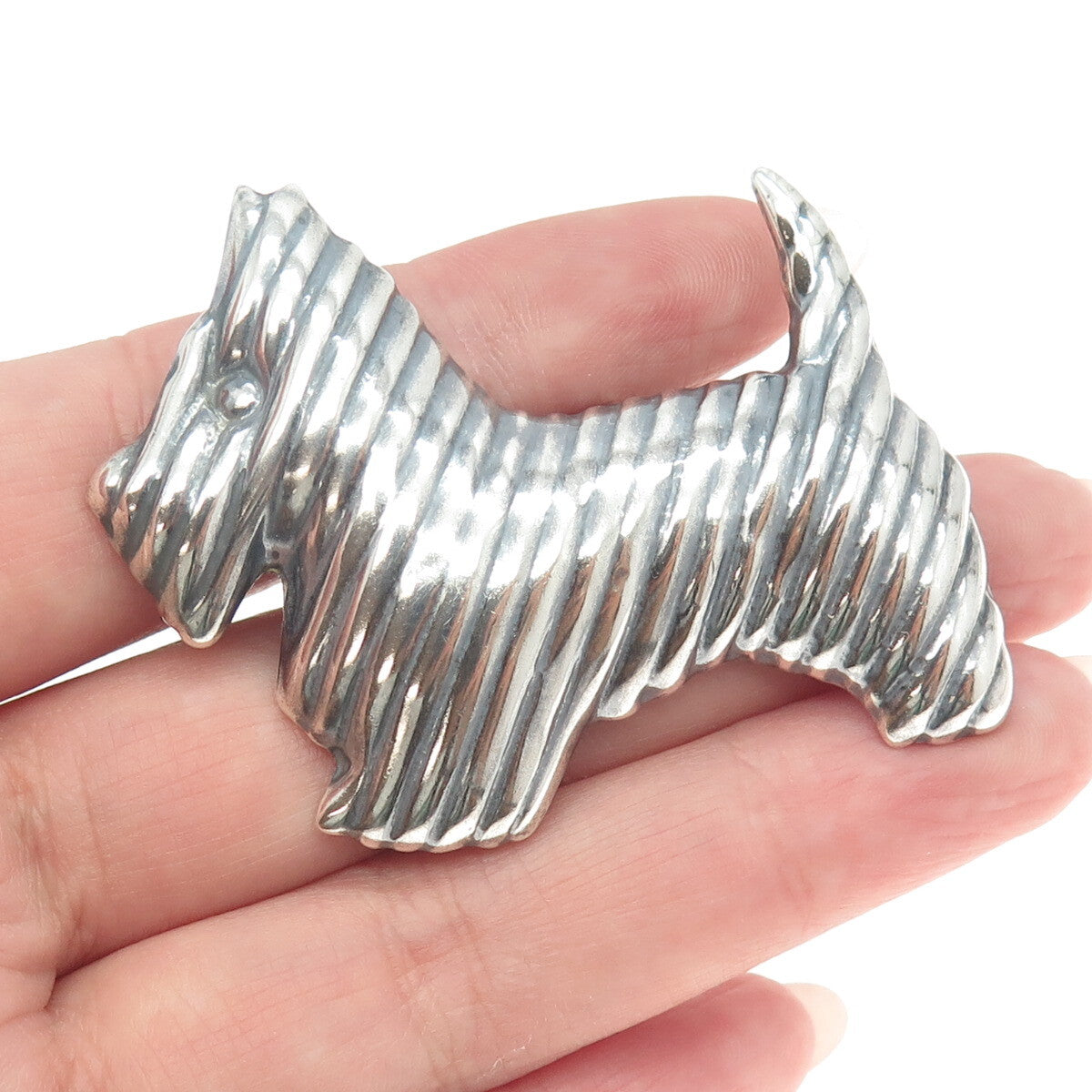 925 Sterling Silver Vintage Mexico Ribbed Puffy Scottish Terrier Dog Pin Pendant