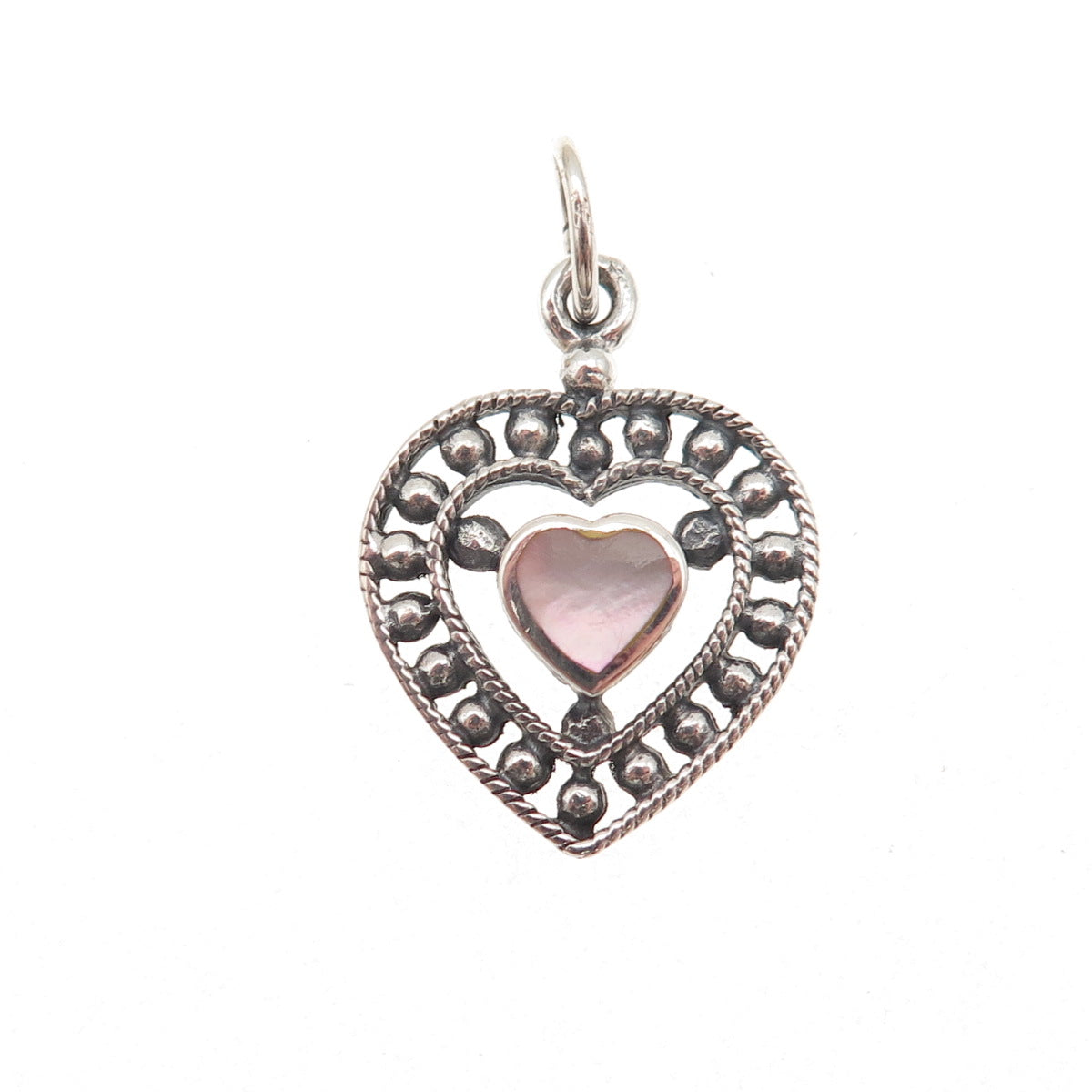 925 Sterling Silver Vintage Real MOP Heart Oxidized Beaded Mini Charm Pendant