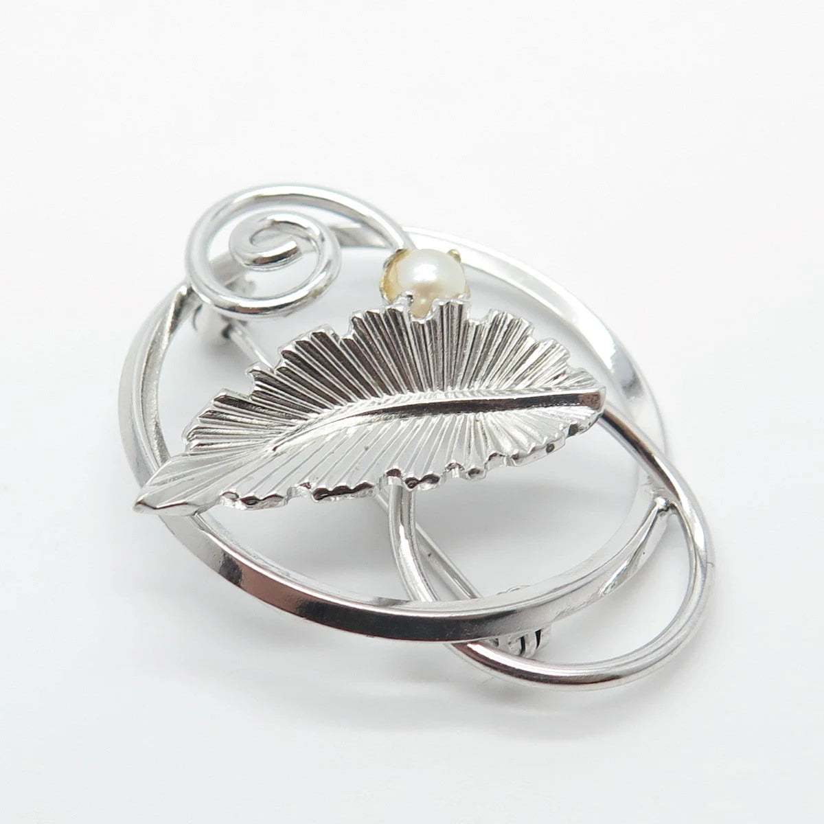925 Sterling Silver Vintage DIXELL Real Pearl Leaf Pin Brooch