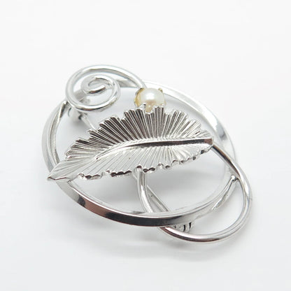 925 Sterling Silver Vintage DIXELL Real Pearl Leaf Pin Brooch