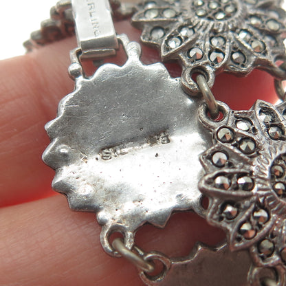 925 Sterling Silver Antique Marcasite Flower Link Bracelet 7" (missing 4 stones)