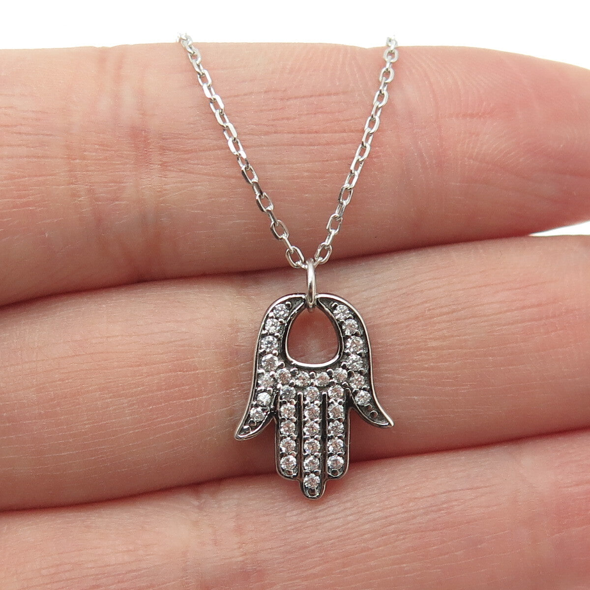 925 Sterling Silver Round-Cut C Z Hamsa Amulet Cable Chain Necklace 16-18"