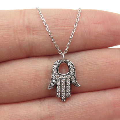 925 Sterling Silver Round-Cut C Z Hamsa Amulet Cable Chain Necklace 16-18"