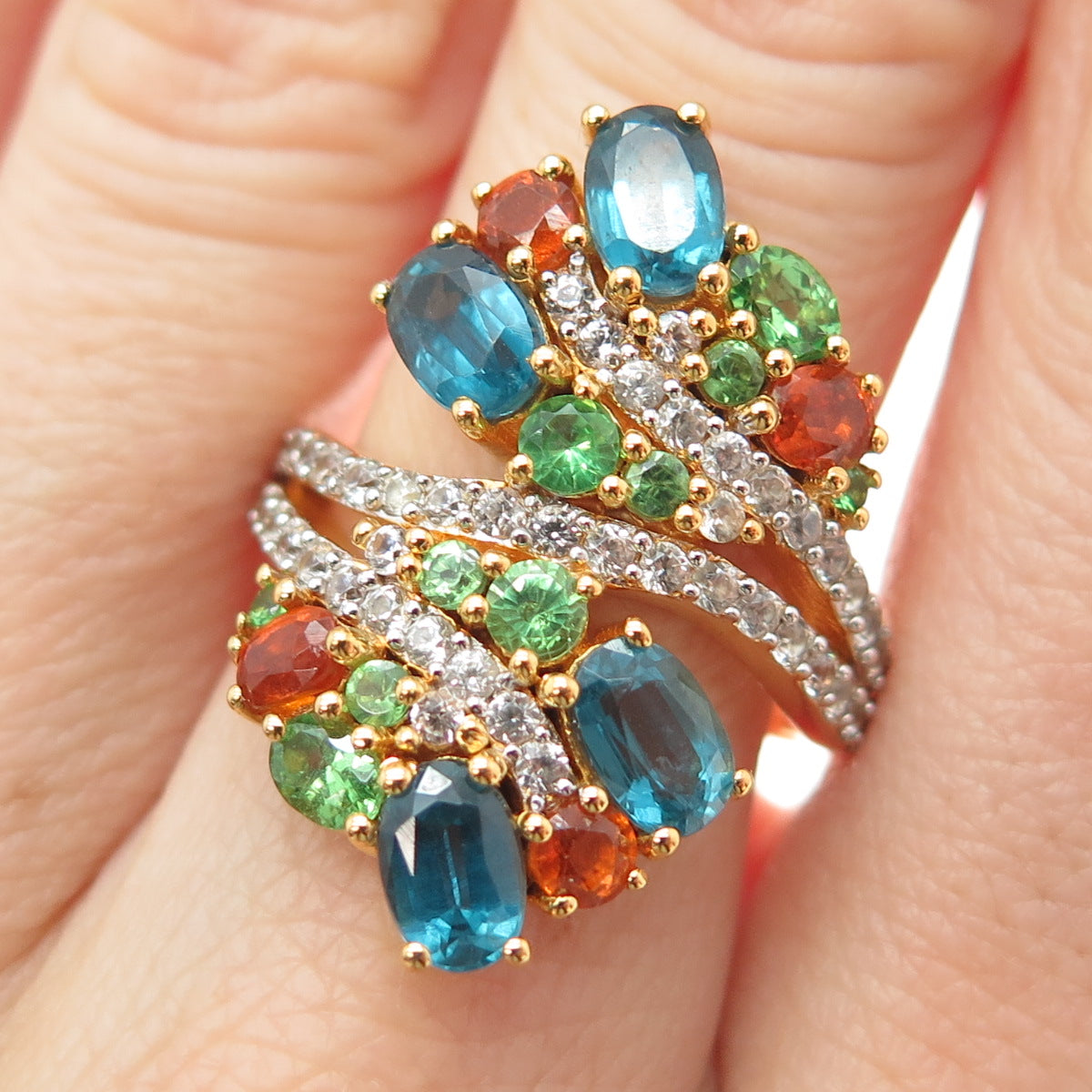 925 Sterling Gold Plated Blue White Topaz & Fire Tsavorite Garnet Ring Size 7.5