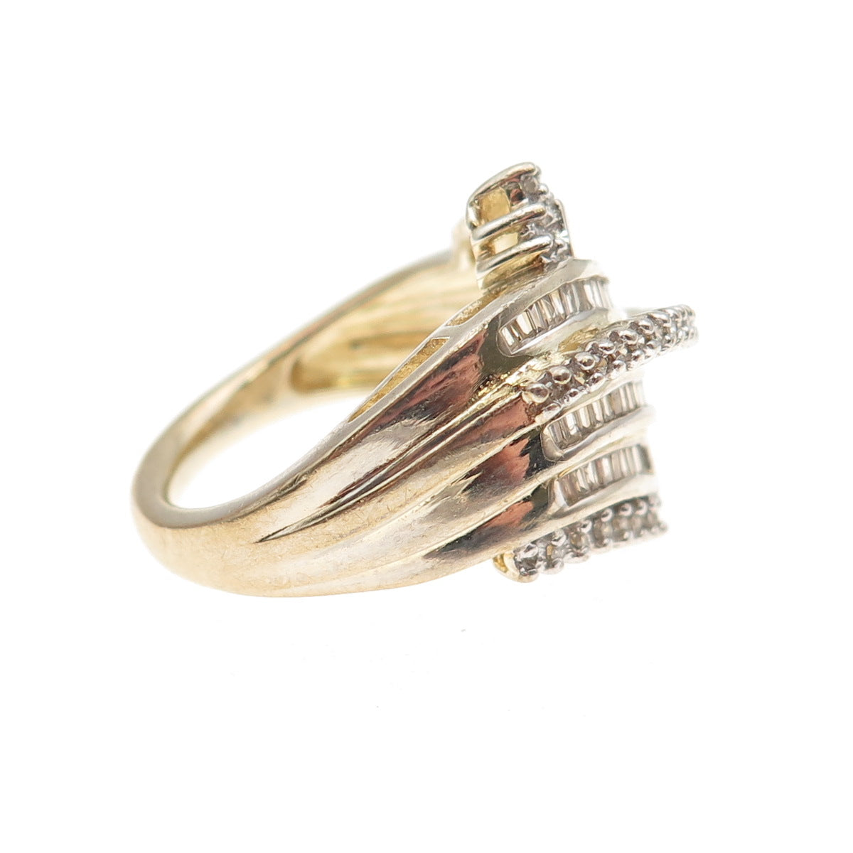 Sun 925 Sterling Silver Gold Plated Real Round & Emerald-Cut Diamond Ring Size 7