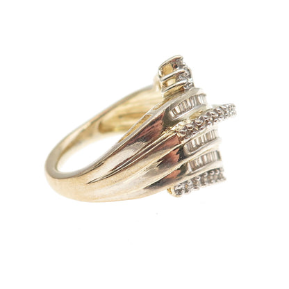 Sun 925 Sterling Silver Gold Plated Real Round & Emerald-Cut Diamond Ring Size 7