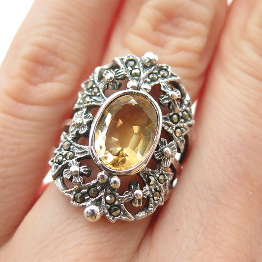 925 Sterling Silver Vintage Real Citrine & Marcasite Oxidized Ring Size 5.25
