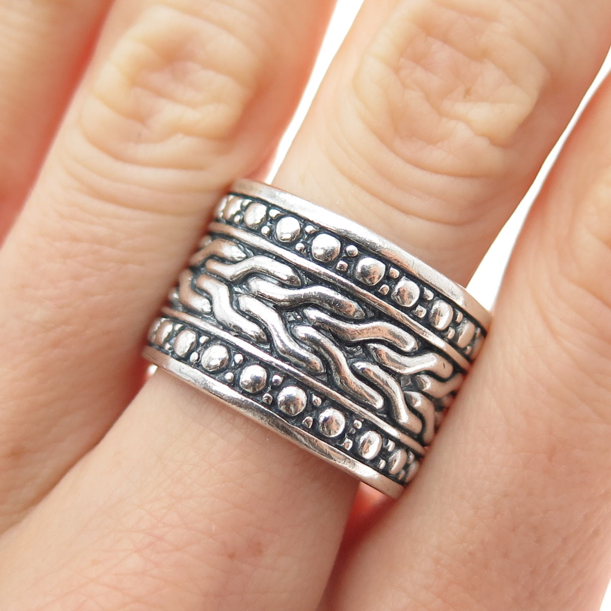 925 Sterling Silver Vintage Modernist Oxidized Wide Band Ring Size 9.75