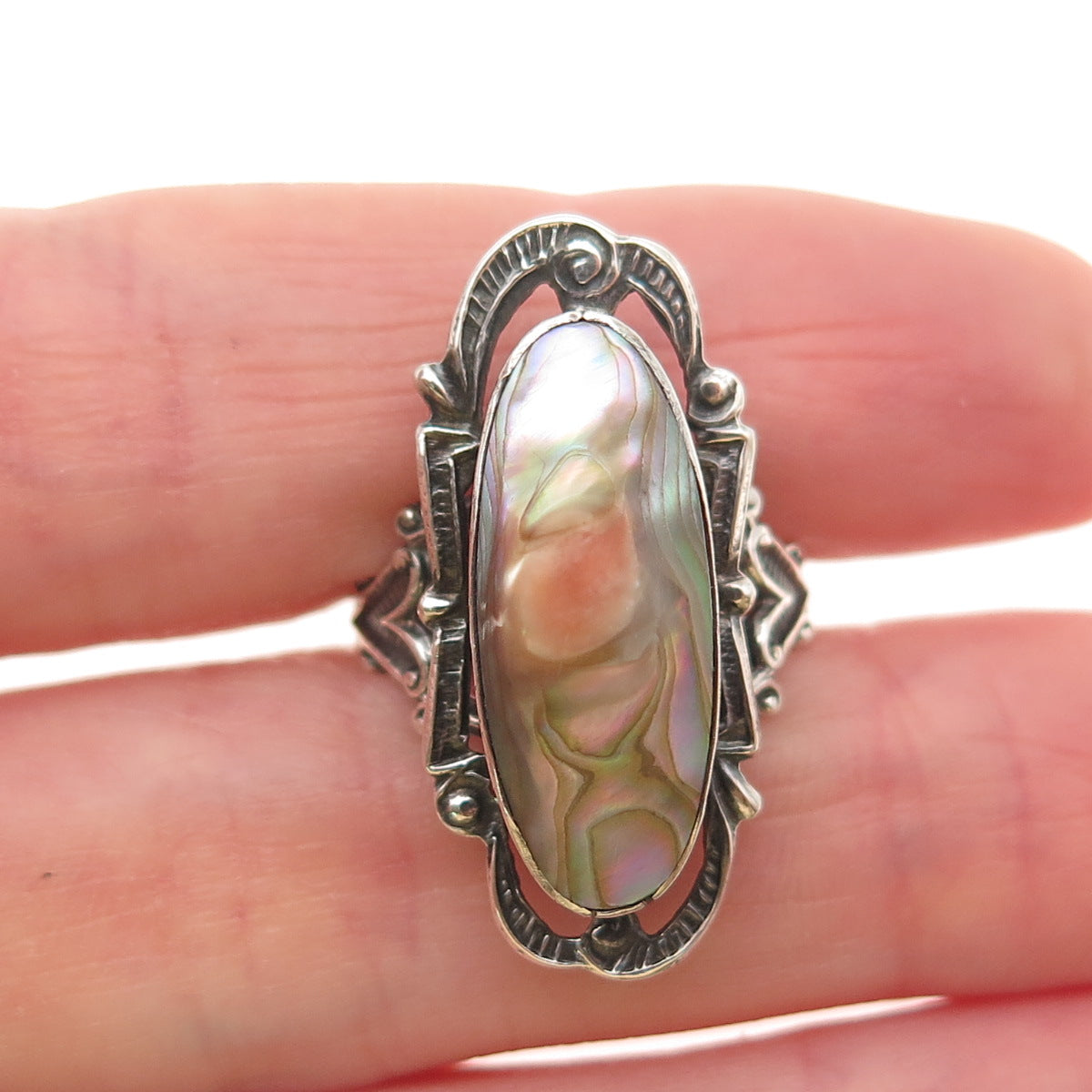 925 Sterling Silver Antique Art Deco Real Blister Pearl Oxidized Ring Size 6.75