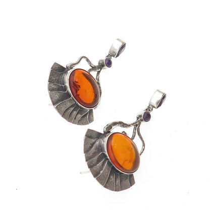 Michou 925 Sterling Silver Vintage Real Amber & Amethyst Modernist Earrings