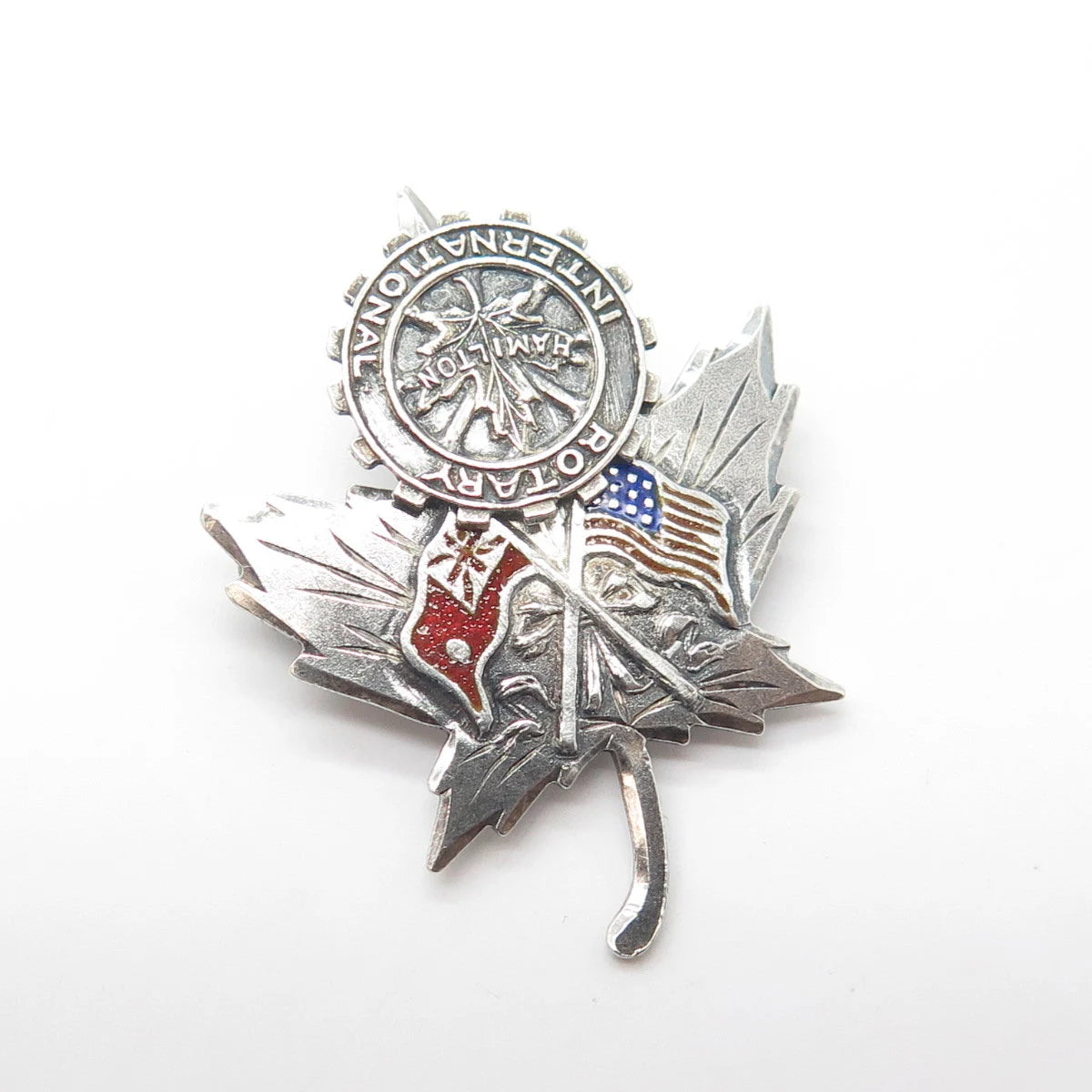 925 Sterling Silver Antique Art Deco Canadian Red Ensign & USA Flag Pin Brooch