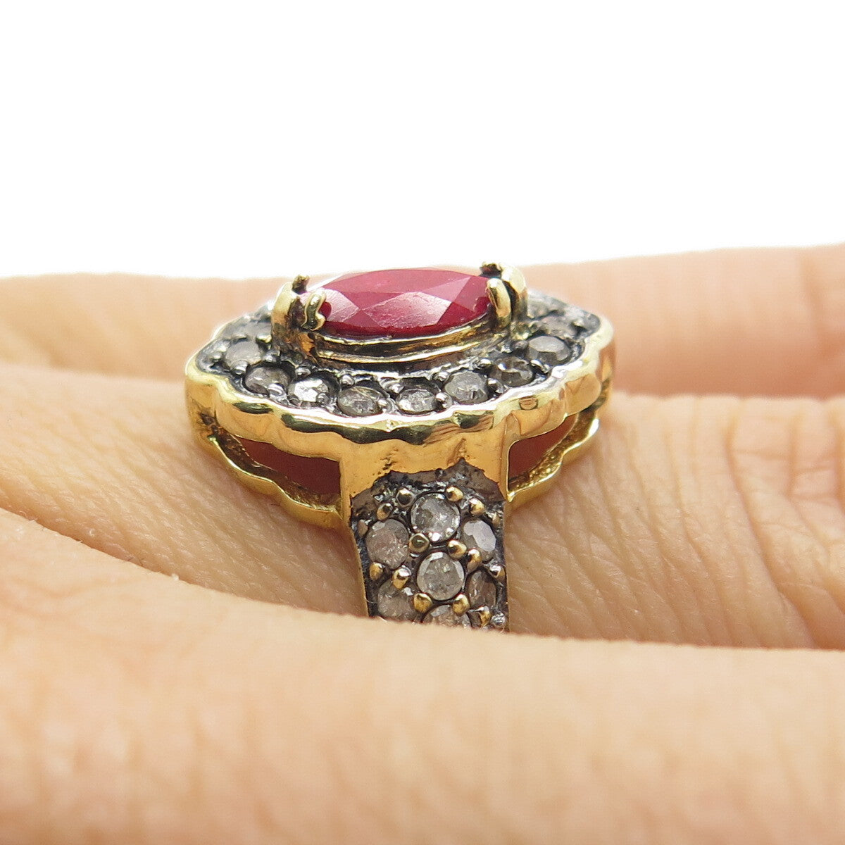 925 Sterling Silver Gold Plated Real Round-Cut Diamond & Ruby Ring Size 6.25
