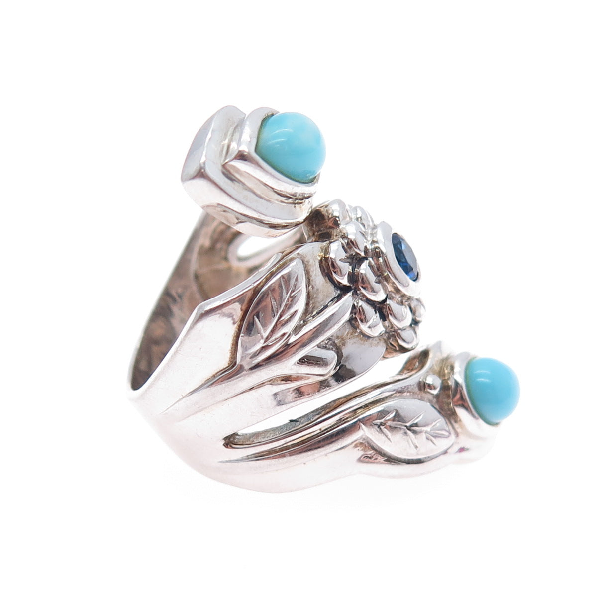 MODA Sterling Silver Vintage Turquoise Blue Spinel Modernist Flower Ring Size 7