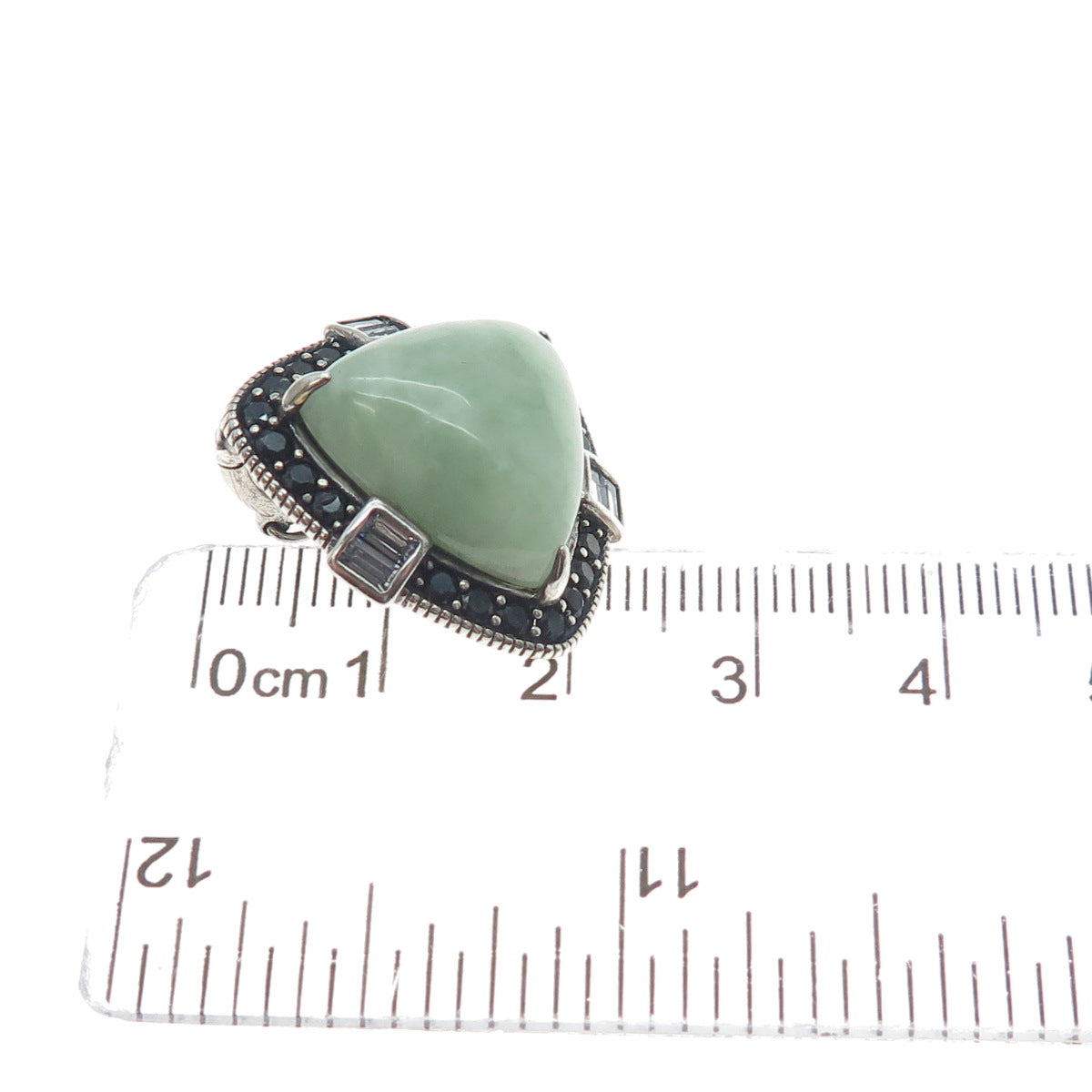 925 Sterling Silver Vintage Real Jade Black Spinel & C Z Triangle Pendant