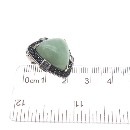 925 Sterling Silver Vintage Real Jade Black Spinel & C Z Triangle Pendant