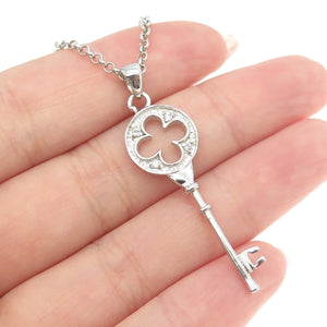 925 Sterling Silver Round-Cut C Z Floral Key Cable Chain Necklace 16"