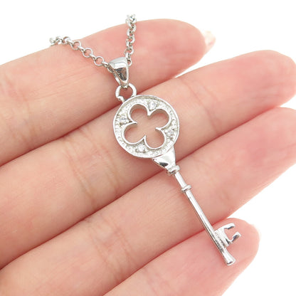 925 Sterling Silver Round-Cut C Z Floral Key Cable Chain Necklace 16"