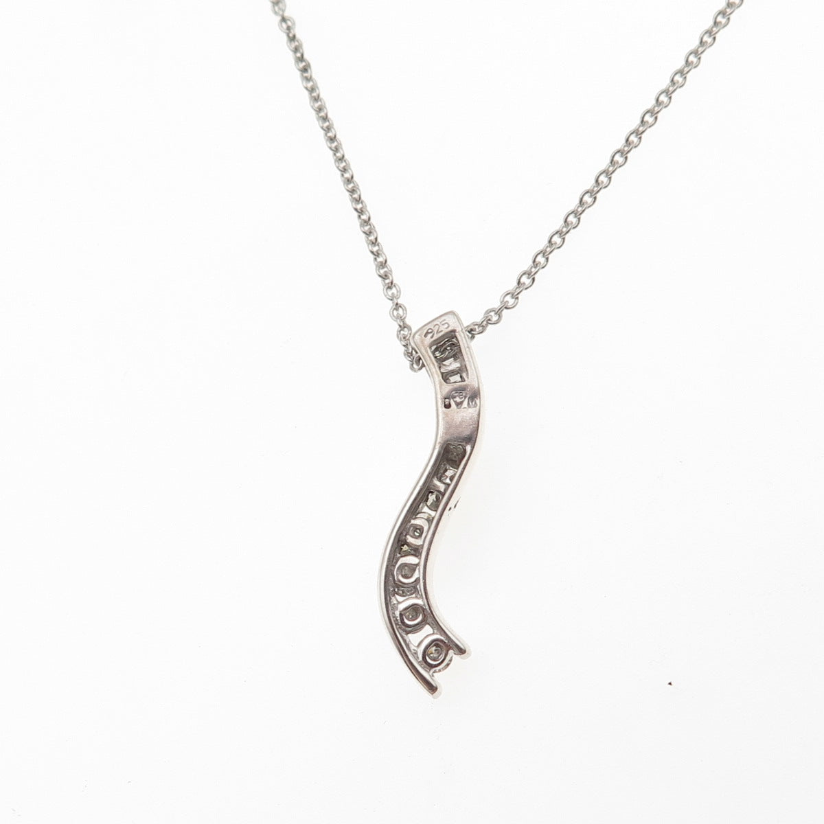 925 Sterling Silver Real Diamond Wavy Pendant Cable Chain Necklace 18"