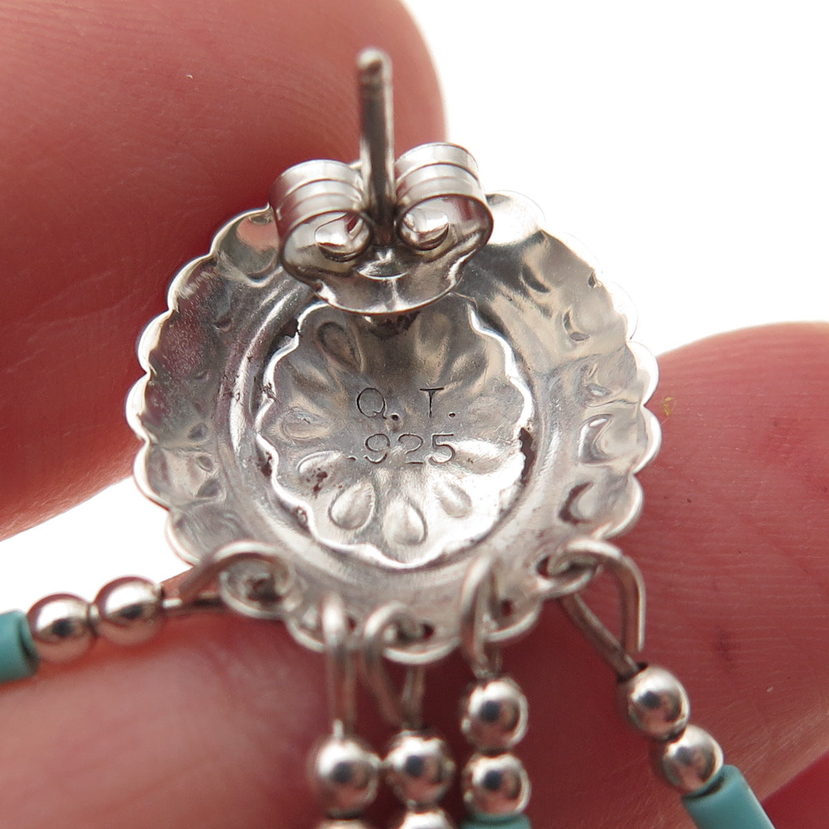 Quoc Turquoise Old Pawn Sterling Silver Vintage Concho Tribal Dangle Earrings