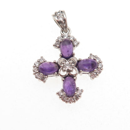 925 Sterling Silver Vintage Real Amethyst & C Z Cross Charm Pendant